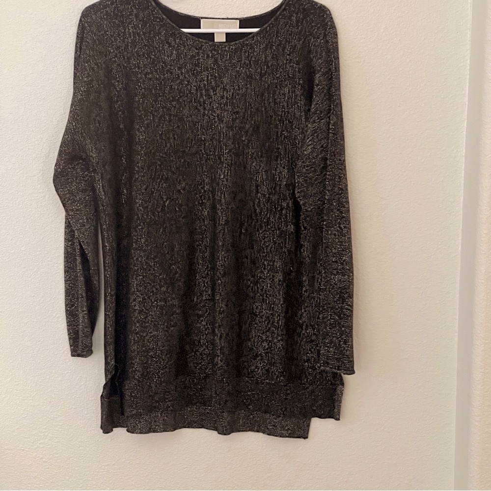 Michael Kors Elegant Black Long Sleeve Tunic Sweater with gold metallic thread